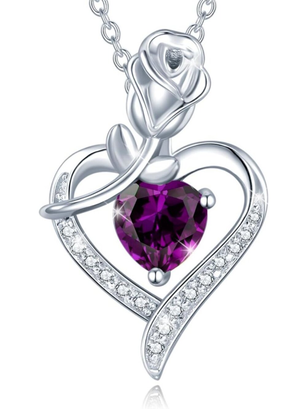 Sterling Silver Birthstone Necklace for Women - Rose Flower Heart Pendant Gift